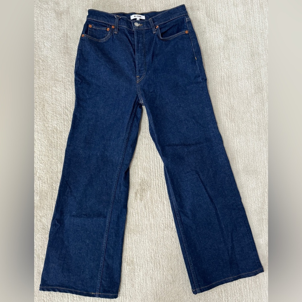 RE/DONE 70's Ultra High Rise Wide Leg Rigid Like Indigo Blue Stretch Cotton 28